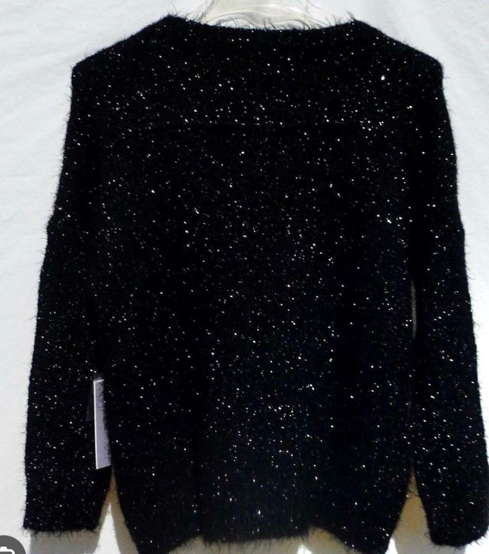 Jennifer Lopez Black Glimmer Eyelash Knit Twofer Sweater with Chiffon Layer  siz